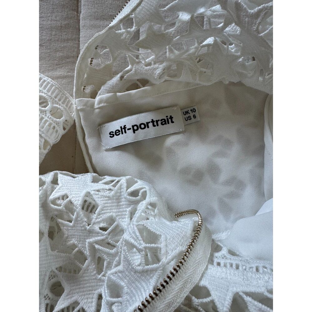 Self-Portrait White Star Guipure Lace Tiered Mini Dress Summer Size 6 - Picture 5 of 6